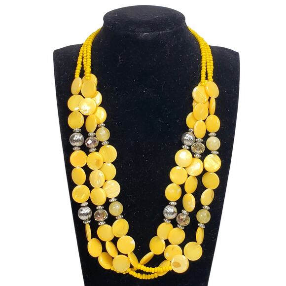 Triple Strand Yellow Flat Beaded Necklace 9" Summer - Picture 1 of 4